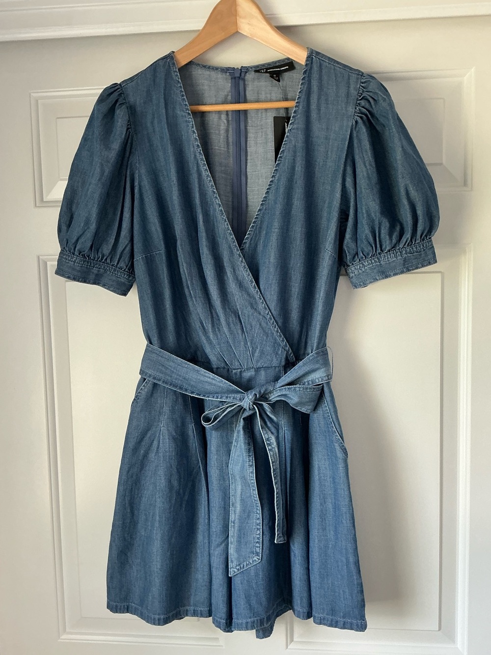 INC International Concepts Denim Chambray Puff Sleeve Belted Romper 10